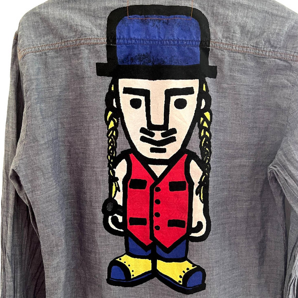 John Galliano Blue Chambray Button Down Shirt With Pop Art Hand Painted … - Picture 2 of 12